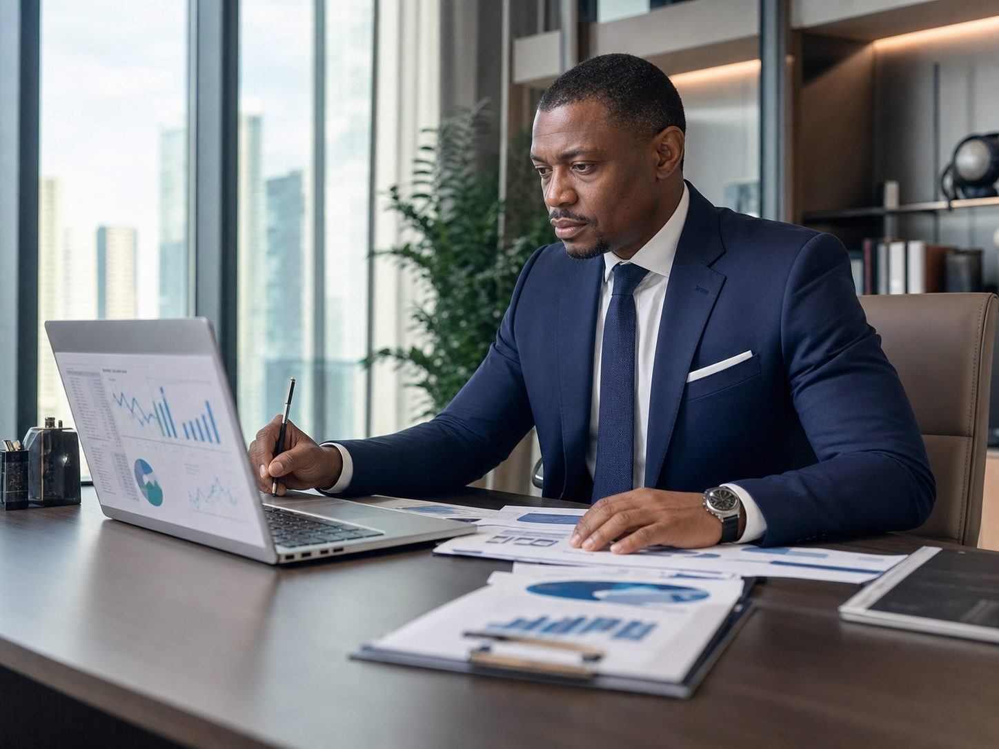 Homme d'affaires analysant un marché stratégique